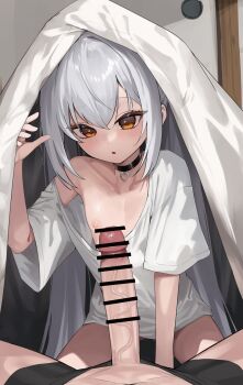 1boy 1girl bare_shoulders bed_sheet blush censored choker collarbone erection flat_chest grey_hair hair_between_eyes hetero highres honashi loli long_hair mosaic_censoring nipples off_shoulder open_mouth orange_eyes original shirt short_sleeves sidelocks white_shirt