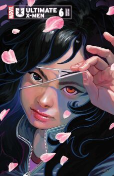 1girl absurdres aqua_jacket black_hair blue_eyes comic_cover company_name copyright_logo copyright_name cover cover_page eyepatch eyepatch_lift heterochromia highres jacket logo long_hair looking_at_viewer marvel natsu_tsukishima official_art petals pink_petals pink_shirt red_eyes shirt solo stephanie_hans upper_body x-men zipper