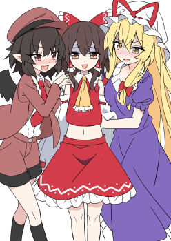 3girls arm_hug ascot black_socks black_wings blonde_hair blush bow brown_eyes brown_hair brown_hat brown_jacket brown_shorts commentary_request detached_sleeves dress e.o. frilled_bow frilled_dress frilled_hair_tubes frilled_skirt frills hair_bow hair_tubes hakurei_reimu hat hat_ribbon highres jacket kneehighs long_hair long_sleeves looking_at_viewer love_triangle medium_hair midriff mob_cap multiple_girls navel necktie official_alternate_costume open_mouth pointy_ears puffy_short_sleeves puffy_sleeves purple_dress red_bow red_eyes red_necktie red_ribbon red_skirt ribbon ribbon-trimmed_sleeves ribbon_trim shameimaru_aya shameimaru_aya_(newsboy) shirt short_sleeves shorts simple_background skirt skirt_set smile socks touhou very_long_hair white_background white_hat white_shirt wings yakumo_yukari yellow_ascot yellow_eyes yuri