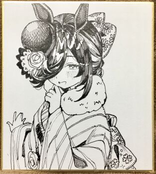 1girl :d animal_ears fascinator flower fur_collar greyscale hair_over_one_eye hat hat_flower highres horse_ears horse_girl japanese_clothes kimono long_sleeves looking_at_viewer monochrome open_mouth pen_(medium) rice_shower_(umamusume) rose shikishi smile solo traditional_media umamusume upper_body wide_sleeves yomean!