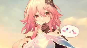 1girl absurdres bad_link black_flower black_gloves black_jacket dress earrings evernight_(honkai:_star_rail) evey_(honkai:_star_rail) flower game_cg gloves hair_between_eyes hair_flower hair_ornament hand_on_own_chin highres honkai:_star_rail honkai_(series) jacket jellyfish jewelry long_hair long_sleeves looking_to_the_side march_7th_(honkai:_star_rail) official_art one_eye_closed pink_hair red_eyes single_bare_shoulder single_earring smile solo speech_bubble sunset tongue tongue_out torn_clothes torn_gloves white_dress