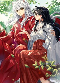 1boy 1girl animal_ears arm_around_shoulder bead_necklace beads black_hair breasts brown_eyes commentary couple dog_ears falling_leaves grey_hair hair_between_eyes hakama hetero highres higurashi_kagome inuyasha inuyasha_(character) japanese_clothes jewelry leaf light_smile long_hair looking_at_another medium_breasts miko necklace parted_lips red_hakama red_shirt sandals shirt shiruuzu sidelocks symbol-only_commentary tooth_necklace twitter_username white_shirt wide_sleeves