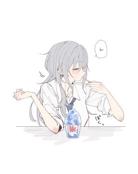 1girl absurdres blue_necktie blush closed_eyes closed_mouth commentary_request diagonal-striped_clothes diagonal-striped_necktie ear_piercing eating food grey_hair haimiya_mio_(kamiyama_sumu) highres holding holding_spoon kamiyama_sumu long_hair mole mole_under_eye necktie original piercing shaved_ice shirt short_sleeves simple_background solo speech_bubble spoon striped_clothes translation_request white_background white_shirt