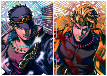 2boys awa_suna baseball_cap black_hair black_jacket black_shirt blonde_hair blue_eyes chain character_name dio_brando fangs gakuran gold_chain green_headband green_lips hat headband heart high_collar jacket jojo_no_kimyou_na_bouken kuujou_joutarou multiple_boys one_eye_covered pink_shirt red_eyes school_uniform shirt star_(symbol) stardust_crusaders teeth upper_body vampire yellow_jacket
