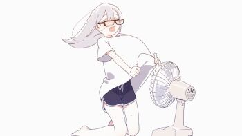 1girl animated animated_gif asutora asutora-chan black-framed_eyewear black_shorts closed_eyes electric_fan glasses grey_hair hot kneeling looping_animation medium_hair open_mouth original shirt shorts solo sweat t-shirt white_shirt