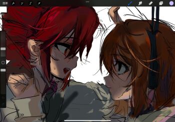 2girls a.i._voice adachi_rei art_program_in_frame blank_stare drill_hair headphones highres kasane_teto looking_at_another multiple_girls orange_hair red_hair smile tanglaoban1225 twin_drills unfinished utau