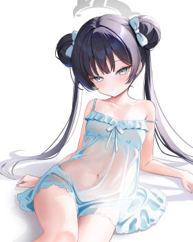 1girl absurdres bare_arms bare_shoulders black_hair blue_archive blue_bra blue_eyes blue_nightgown blue_oanties blush bra closed_mouth covered_navel double_bun dress hair_between_eyes hair_bun highres kisaki_(blue_archive) loli long_hair looking_at_viewer nightgown see-through_clothes see-through_dress sidelocks solo underwear yuuca