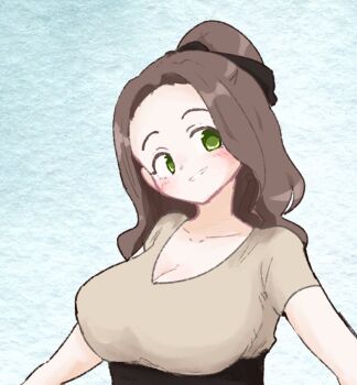 1girl black_bow blue_background blush bow breasts brown_hair brown_shirt cleavage collarbone forehead green_eyes hair_bow large_breasts long_hair looking_at_viewer olto_rondo original shirt short_sleeves smile solo tareme upper_body