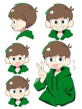 Rule 34 | 1boy, :d, :o, antenna hair, brown hair, commentary request, cropped shoulders, cropped torso, drawstring, edd (eddsworld), eddsworld, from side, green eyes, green hoodie, grin, hair behind ear, highres, hood, hood down, hoodie, jitome, long sleeves, looking at viewer, male focus, multiple expressions, multiple views, open mouth, profile, roshii (ionlw0gynh24926), shirt, short hair, simple background, smile, straight-on, swept bangs, translation request, v, white background, white shirt