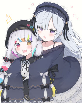 2girls absurdres beret blue_dress commentary dress frilled_dress frills gothic_lolita hair_over_one_eye hairband hand_on_another&#039;s_shoulder hat heterochromia highres jogasaki_noah lolita_fashion lolita_hairband long_hair mahou_shoujo_no_majo_saiban mozzs multi-tied_hair multiple_girls natsume_an-an open_mouth paint_stains polka_dot purple_eyes red_eyes simple_background sleeves_past_fingers sleeves_past_wrists tied_sleeves twintails very_long_hair white_background white_hair yellow_eyes