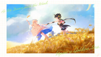 Rule 34 | 2girls, absurdres, anklet, bare shoulders, barefoot, black dress, black hair, black shorts, blonde hair, blue sky, breasts, cartethyia (wuthering waves), commentary request, crown of thorns, day, dress, elbow pads, english text, female rover (wuthering waves), field, hair ribbon, highres, holding wheat, jewelry, long hair, low ponytail, medium breasts, multiple girls, open mouth, outdoors, ponytail, ribbon, rover (wuthering waves), shorts, sky, smile, starblame, wuthering waves, yellow ribbon