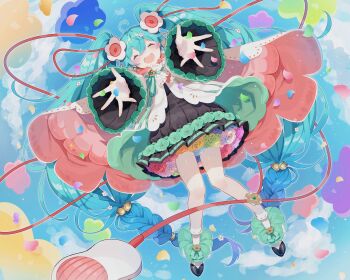 Rule 34 | 1girl, absurdres, aqua flower, aqua hair, aqua rose, black dress, black footwear, blue flower, blue rose, blue sky, braid, closed eyes, cloud, commentary request, dress, dress flower, falling, flower, flower underskirt, fuinagi (huyuu mm), gradient hair, green flower, green rose, hands up, hatsune miku, highres, jacket, long hair, long sleeves, lying, magical mirai (vocaloid), magical mirai miku, magical mirai miku (2021), computer mouse, multicolored hair, on back, open clothes, open jacket, orange flower, orange rose, purple flower, purple rose, red flower, red rose, rose, sky, socks, solo, twin braids, twintails, very long hair, vocaloid, white flower, white jacket, white socks, yellow flower, yellow rose