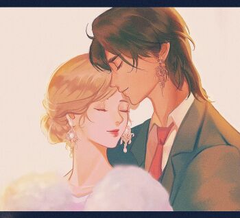 1boy 1girl black_border blonde_hair border brown_hair closed_eyes collared_shirt couple earrings eren_yeager fur_scarf hair_bun hetero highres iaisotria jacket jewelry krista_lenz light_smile medium_hair necktie parted_bangs red_necktie shingeki_no_kyojin shirt suit_jacket updo upper_body white_shirt