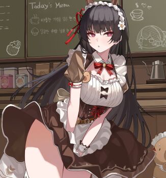 1girl absurdres alternate_costume animal_ears black_hair bow bowtie breasts brown_dress cafe camellya_mascot_(meme) chisa_(wuthering_waves) commentary cowboy_shot dress enmaided fake_animal_ears hair_ribbon highres horse_ears indoors korean_text large_breasts long_hair looking_at_viewer maid meme mole mole_under_eye namipon_(wuthering_waves) official_alternate_costume oxooxo666 parted_lips red_bow red_bowtie red_eyes red_ribbon ribbon skirt skirt_tug solo thighs v-shaped_eyebrows very_long_hair wuthering_waves