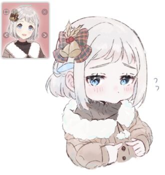 Rule 34 | black sweater, blue eyes, blush, braid, brown coat, buttons, chibi, chibi only, coat, cropped torso, d04te2cute, fidgeting, flying sweatdrops, fur-trimmed coat, fur trim, gakuen idolmaster, grey hair, hair ribbon, half up braid, highres, idolmaster, index fingers together, katsuragi lilja, long sleeves, reference inset, ribbon, ribbon braid, short hair, shy, simple background, sweater, white background