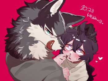 1boy 1girl aqua_eyes aya_(arioriak) blood body_fur borrowed_character claws commentary_request dated furry furry_male furry_with_non-furry grey_fur grey_shirt hand_in_another&#039;s_hair hand_on_another&#039;s_head heart heart_in_eye hetero highres interspecies licking_lips long_hair nosebleed original purple_hair red_background shirt simple_background sweat sweater symbol_in_eye tissue_in_nose toki_(norahasu) tongue tongue_out turtleneck turtleneck_sweater upper_body wolf_boy