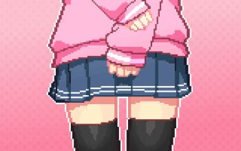 1girl aftersex animated animated_gif cum cum_in_pussy cum_plugged cumdrip double_v female_focus gradient_background loli lowres miniskirt pink_background pixel_art pleated_skirt qswan simple_background skirt solo standing tan thighhighs thong v