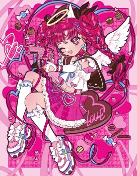 1girl ;d amaharu_wasure angel angel_wings blue_nails bow braid brown_ribbon candy chocolate clothing_cutout commentary elbow_gloves feathered_wings fingernails food full_body gloves gun hair_ornament hair_ribbon hairclip halo heart heart-shaped_pupils heart_cutout heart_hair_ornament highres holding holding_gun holding_weapon long_hair nail_polish one_eye_closed open_mouth original pink_bow pink_eyes pink_hair pink_shoes pink_skirt pink_theme plaid_clothes plaid_skirt pleated_skirt ribbon shoes skirt smile socks solo symbol-shaped_pupils traditional_halo twin_braids twintails weapon white_bow white_gloves white_socks white_wings wings wrapped_candy yellow_halo