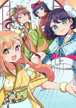 Rule 34 | 3nu m, 4girls, :d, absurdres, apron, azabu mai, beret, blue apron, blue dress, blue eyes, blue hat, blue kimono, blunt bangs, bow, brown hair, chaki! (love live!), closed mouth, collarbone, commentary request, dekoboko quartet, dress, floral print, floral print kimono, goto akira, green bow, green eyes, green kimono, hair bow, hair ornament, hat, highres, ikizulive! love live! bluebird, japanese clothes, kimono, komagata hanabi, long hair, long sleeves, looking at viewer, love live!, multiple girls, one side up, open mouth, orange hair, pink eyes, pom pom (clothes), pom pom hair ornament, print kimono, purple hair, red bow, red kimono, short hair, short sleeves, sidelocks, smile, striped clothes, striped kimono, takahashi polka, tilted headwear, yellow kimono