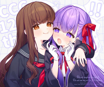 ! !! 2girls arm_around_neck bb_(fate) bb_(fate/extra) black_coat black_serafuku black_shirt blush bow brown_eyes brown_hair checkered_background closed_mouth coat collarbone collared_shirt commentary_request fate/extra fate/extra_ccc fate_(series) gloves grey_background hair_bow hand_up hands_up highres karokuchitose kishinami_hakuno_(female) long_hair long_sleeves looking_at_another looking_at_viewer multiple_girls neck_ribbon neckerchief open_clothes open_coat open_mouth puffy_long_sleeves puffy_sleeves purple_eyes purple_hair red_bow red_neckerchief red_ribbon ribbon sailor_collar school_uniform serafuku shirt shy sidelocks signature single_sidelock smile sweat teeth text_background tsukumihara_academy_uniform_(fate/extra_ccc) upper_body v-shaped_eyebrows watermark white_gloves white_shirt wide_sleeves