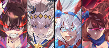 Rule 34 | 4girls, abiboge, absurdres, ahoge, animal ears, blue eyes, blue hairband, blue jacket, blue sailor collar, blue scarf, bow, braid, breasts, brooch, brown hair, chest sarashi, cleavage, clenched teeth, dress, ear bow, ear covers, eye trail, fang, fangs, fox mask, green eyes, grey hair, hair between eyes, hairband, headband, highres, horse ears, horse girl, inari one (inari yukari edomurasaki) (umamusume), inari one (umamusume), jacket, japanese clothes, jewelry, kimono, large breasts, light trail, long hair, mask, mask on head, multicolored hair, multicolored hairband, multiple girls, neckerchief, oguri cap (starlight beat) (umamusume), oguri cap (umamusume), open mouth, portrait, purple kimono, red headband, red neckerchief, sailor collar, sarashi, scarf, shirt, star brooch, streaked hair, striped clothes, striped hairband, super creek (murmuring stream) (umamusume), super creek (umamusume), tamamo cross (fast as lightning) (umamusume), tamamo cross (umamusume), teeth, twintails, two-tone hairband, umamusume, very long hair, white hair, white jacket, white shirt