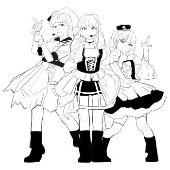 3girls cyaron!_(love_live!) furihata_ai inami_anju looking_at_viewer love_live! love_live!_sunshine!! microphone monochrome multiple_girls open_mouth pirate_costume saito_shuka short_hair standing voice_actor white_background