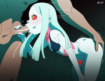 1boy 1girl :>= annoyed artist_name ass bent_over blue_bra blush bottomless bra butt_crack colored_sclera colored_skin cyberpunk_(series) cyberpunk:_edgerunners cyborg embarrassed feet_out_of_frame fellatio flat_chest from_side grabbing_another's_ass green_eyes green_hair grey_skin hand_on_own_knee hetero highres loli long_hair looking_at_another looking_up no_panties oral penis penis_grab ponpu_(pumpkinsinclair) profile rebecca_(cyberpunk) red_sclera saliva saliva_trail size_difference solo_focus standing testicles underwear