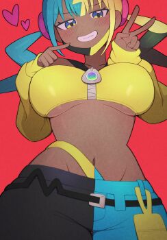 1girl absurdres aqua_hair bandeau black_mask black_pants blonde_hair blue_eyes blue_pants blush breasts canari_(pokemon) criss-cross_straps crop_top dark-skinned_female dark_skin groin highres jacket long_sleeves looking_at_viewer mask mask_pull mega_ring mega_stone mouth_mask multicolored_hair navel nintendo nishitin pants poke_ball pokemon pokemon_legends:_z-a quick_ball red_background short_twintails simple_background solo split-color_hair stomach twintails two-tone_hair two-tone_mask two-tone_pants underboob v yellow_bandeau yellow_jacket yellow_mask