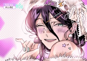 1girl aqua_nails busuttt chainsaw_man character_name close-up commentary_request earrings fur_hat green_eyes hair_between_eyes hat highres jewelry lightning_bolt_symbol microphone one_eye_closed purple_hair reze_(chainsaw_man) solo