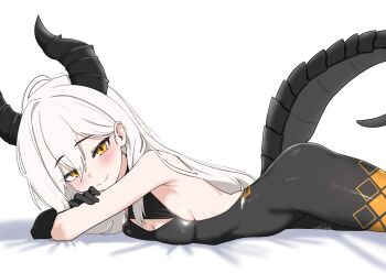 1girl absurdres bare_shoulders black_gloves blush breasts cleavage commentary english_commentary gloves highres horns leotard long_hair looking_at_viewer lying oldsickkim on_stomach small_breasts smile solo tail white_hair yellow_eyes