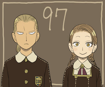 Rule 34 | 1boy, 1girl, aged down, blonde hair, braid, brown eyes, brown hair, commentary request, eden academy school uniform, endou tatsuya, frown, henry henderson, highres, low twin braids, martha marriott, ponytail, school uniform, spy x family, twin braids