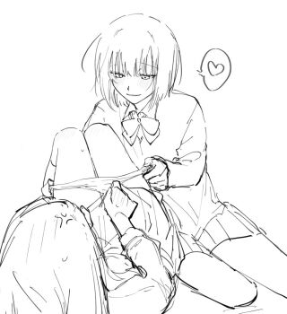 2girls anger_vein assertive_female blush bow bowtie commentary_request covering_crotch covering_privates facing_another from_behind heart kirarazaka_marina knee_blush kuze_shizuka long_hair lying mobudeshi monochrome multiple_girls on_back panties panty_pull pleated_skirt pulling_another&#039;s_clothes school_uniform short_hair simple_background sitting sketch skirt smile spoken_heart sweat takopii_no_genzai underwear white_background yuri