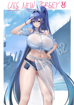 1girl :3 absurdly_long_hair absurdres alternate_costume alternate_hairstyle animal_ear_hairband animal_ears aqua_nails arm_up azur_lane bare_shoulders battleship bead_bracelet beads belt blue_eyes blue_hair blue_shirt blue_sky blush bracelet breasts butterfly_hair_ornament button_gap character_name cloud collarbone collared_shirt commentary crop_top crossed_bangs cutoffs day denim denim_shorts english_commentary exposed_pocket fake_animal_ears fingernails hair_between_eyes hair_intakes hair_ornament hairband hand_on_own_hip high_ponytail highres irkawaza jewelry large_breasts long_fingernails long_hair long_skirt looking_at_viewer micro_shorts midriff military_vehicle navel new_jersey_(azur_lane) ocean off_shoulder ponytail rabbit_ears salute see-through_clothes see-through_skirt ship shirt shorts sidelocks skirt sky sleeveless sleeveless_shirt smile solo standing tied_shirt tongue tongue_out uss_new_jersey_(bb-62) very_long_hair warship watercraft white_belt white_shirt