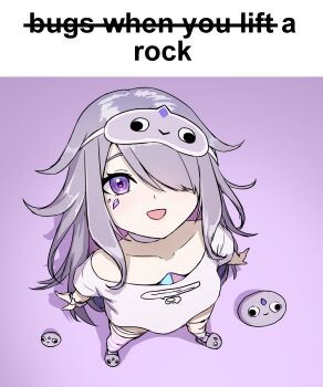 1girl :d absurdres chest_jewel choker collarbone commentary daydarion english_commentary english_text from_above hair_over_one_eye highres hololive hololive_english jewel_under_eye koseki_bijou koseki_bijou_(pebble_pajamas) long_hair looking_up meme messy_hair official_alternate_costume open_mouth pebble_(koseki_bijou) purple_background purple_eyes purple_hair simple_background sleep_mask smile thighhighs virtual_youtuber