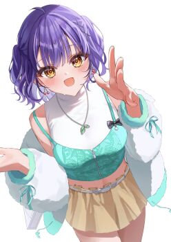 1girl arm_up belt blush breasts camisole cherry_earrings coco_(lu28_mi) cowboy_shot earrings food-themed_earrings food_themed_earrings fur_trim hair_ornament hairclip highres jacket jewelry lace layered_clothes looking_at_viewer medium_breasts midriff nanase_suzuna nanase_suzuna_(2nd_costume) navel necklace nijisanji off_shoulder open_mouth pleated_skirt purple_hair short_hair simple_background skirt smile solo stomach thighs virtual_youtuber white_background white_jacket x_hair_ornament yellow_eyes