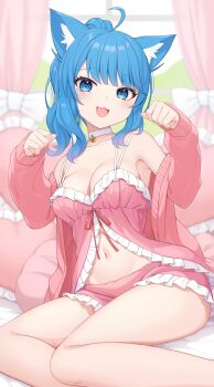 1girl ahoge animal_ears babydoll bare_shoulders blue_eyes blue_hair breasts cat_ears choker cleavage frilled_babydoll hands_up highres jacket long_hair long_sleeves looking_at_viewer medium_breasts nanashi_inc. navel nishino_eri off_shoulder open_clothes open_jacket open_mouth paw_pose pink_babydoll pink_jacket pink_shorts ponytail short_shorts shorts sitting smile solo souya_ichika spaghetti_strap stomach thighs virtual_youtuber white_choker