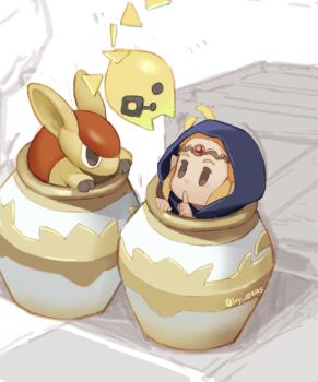 1girl armadillo blonde_hair cape caromadillo commentary english_commentary finger_to_mouth hair_pulled_back hiding highres hood hood_up hooded_cape in_vase ivy_(sena0119) nintendo pointy_ears princess_zelda shushing sidelocks the_legend_of_zelda the_legend_of_zelda:_echoes_of_wisdom tiara tri_(zelda) twitter_username vase wand