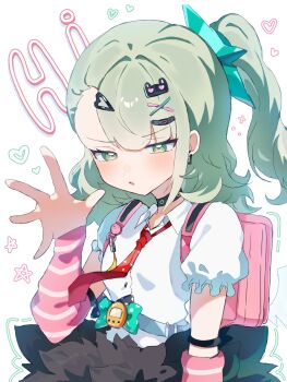 1girl angels_of_delusion arm_warmers bandaid bandaid_hair_ornament black_choker black_skirt blush choker collared_shirt commentary earrings fur-trimmed_skirt fur_trim green_eyes green_hair hair_ornament heisei_retro highres jewelry multiple_hair_clips musical_note_earrings necktie pink_arm_warmers pink_bag ponytail red_necktie shirt skirt solo striped_arm_warmers sukaru_(unun_1027) sunna_(zenless_zone_zero) symbol-only_commentary upper_body white_shirt zenless_zone_zero