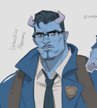 1boy abrams_(deadlock) black_hair black_necktie blue_coat cigar clenched_hand coat deadlock_(game) demon_boy demon_horns glasses horns mature_male necktie oji_harem red_eyes shirt white_background white_shirt