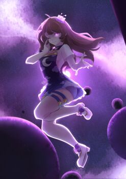 1girl blob bow brown_hair centi_(nimu) choker dress glowing glowing_eye gradient_clothes gradient_dress hair_bow highres indie_virtual_youtuber long_hair nimu_(vtuber) nimu_(vtuber)_(3rd_costume) off-shoulder_shirt off_shoulder one_eye_closed purple_dress purple_theme shirt solo thighhighs virtual_youtuber