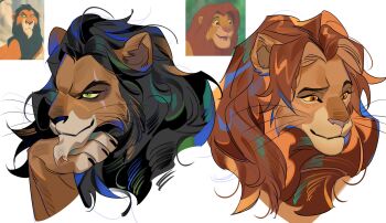 2boys animal_ears claws closed_mouth highres karmaho lion lion_boy lion_ears lion_mane male_focus multiple_boys no_humans red_eyes reference_inset scar scar_(the_lion_king) scar_across_eye scar_on_face simba smile the_lion_king upper_body whiskers white_background