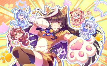 !? 5girls ahoge animal_costume animal_ears animal_hands black_hair black_thighhighs blonde_hair blue_bow blue_eyes blue_hair blunt_bangs blush bow breasts brown_eyes brown_hair calstone_light_o_(umamusume) cat cat_costume cat_paws checkered_ribbon dantsu_flame_(umamusume) durandal_(umamusume) ear_covers fish gloves grey_hair highres hime_cut hishi_miracle_(umamusume) horse_ears horse_girl horse_tail k.s.miracle_(umamusume) long_hair looking_at_viewer medium_hair microphone multicolored_hair multiple_girls musical_note official_alternate_costume official_art onesie open_mouth paw_gloves paw_pose paw_print short_hair short_sleeves streaked_hair striped_hair tail thighhighs umamusume watermark white_hair yellow_eyes