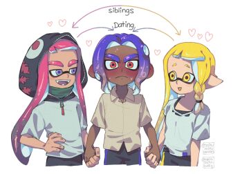 1girl 2boys ariamikukanzaki arrow_(symbol) bisexual_male blonde_hair blue_eyes blue_hair blush braid commentary dark-skinned_male dark_skin detached_hood eyebrow_cut fangs frown hand_on_own_hip heart hirooooo_(splatoon) holding_hands inkling marunomi_(splatoon) multiple_boys nintendo octoling open_mouth pointy_ears red_eyes red_hair shirt short_eyebrows side_braid signature smile splatoon_(series) splatoon_3 sweat t-shirt tentacle_hair veronika_(splatoon) very_dark_skin yellow_eyes
