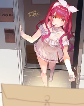 1girl absurdres blunt_ends blurry blurry_foreground blush bow bow_earrings bow_hairband breasts center-flap_bangs character_name cleavage cleavage_cutout closed_mouth clothing_cutout commentary criss-cross_halter dated door dress earrings envelope eyes_visible_through_hair full_body hairband halter_dress halterneck heart heart_earrings heterochromia highres hololive houshou_marine houshou_marine_(roomwear) jewelry kintotomaturi looking_at_viewer manila_envelope nameplate off-shoulder_dress off_shoulder open_door opening_door pov red_eyes red_hair ribbon-trimmed_dress ribbon_trim sandals scrunchie short_dress side_slit signature slides solo standing stuffed_animal stuffed_toy teddy_bear tile_floor tiles toothbrush toothbrush_in_mouth toothpaste virtual_youtuber white_bow white_dress white_hairband white_sandals white_scrunchie wrist_scrunchie yellow_eyes