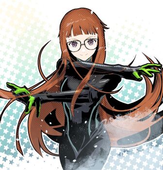 1girl black_bodysuit blunt_bangs bodysuit breasts brown_hair closed_mouth cofffee cowboy_shot crossed_arms floating_hair glasses hair_spread_out long_hair looking_at_viewer oracle_(persona_5) orange_hair outstretched_arms persona persona_5 purple_eyes sakura_futaba small_breasts smile solo star_(symbol) star_symbol_background very_long_hair