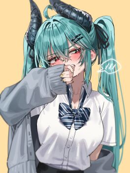 1girl absurdres ahoge aqua_hair averting_eyes blush bow bowtie breasts cardigan cleavage commentary covering_own_mouth embarrassed green_tea_(matchaistasty) grey_jacket hair_ornament hairclip highres horns jacket off_shoulder original red_eyes school_uniform simple_background sleeves_past_wrists solo twintails yellow_background yellow_nails