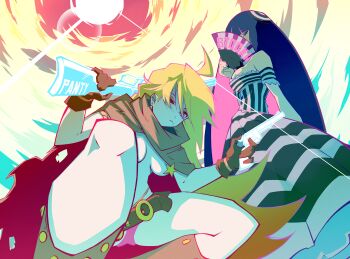 2girls absurdres ahoge bare_shoulders blonde_hair blue_hair brown_gloves character_name colored_inner_hair commentary dress english_commentary gloves gun hand_fan highres holding holding_fan holding_gun holding_weapon long_hair looking_at_viewer multicolored_dress multicolored_hair multiple_girls panties panty_&amp;_stocking_with_garterbelt panty_(psg) pink_hair pink_panties slim_(sl1m_skull) stocking_(psg) sun thighs two-tone_hair underwear unworn_panties very_long_hair weapon