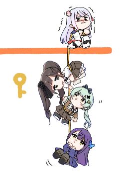 4girls assault_lily black_bow black_bowtie black_eyes black_hair black_ribbon black_thighhighs blue_jacket blue_skirt blush boots bow bowtie braid brown_hair brown_pantyhose brown_skirt butterfly_hair_ornament chibi clenched_teeth commentary_request flower funada_kiito funada_ui garter_straps green_eyes green_hair grey_hair hair_bow hair_flower hair_ornament hand_up hands_up hanging high-waist_skirt highres holding holding_rope jacket japanese_clothes kamigoori_marimo kimono kimono_skirt knee_boots long_sleeves looking_at_another looking_down looking_up low_twintails motion_lines multiple_girls neck_ribbon nose_blush pantyhose parted_lips pink_flower pleated_skirt pulling purple_hair ribbon rope sandals school_uniform shakeza shirt shoes short_sleeves siblings side_braid simple_background single_braid sisters skirt smile squatting teeth thighhighs trembling twintails ueda_imari v-shaped_eyebrows white_background white_kimono white_shirt white_shoes white_thighhighs wide_sleeves yellow_eyes yellow_flower zouri