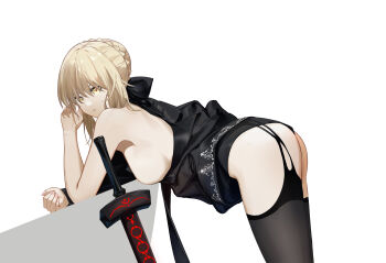 Rule 34 | 1girl, artoria pendragon (fate), ass, bent over, black dress, black garter belt, black garter straps, black panties, black thighhighs, blonde hair, braid, breasts, bun with braided base, commentary, dress, excalibur morgan (fate), fate/stay night, fate (series), from side, garter belt, garter straps, hair bun, highres, large breasts, lilin (pixiv 25958194), looking at viewer, panties, saber alter, short hair, simple background, solo, sword, thighhighs, underwear, weapon, white background, yellow eyes