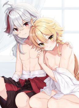 2boys aether_(genshin_impact) bandaged_arm bandaged_torso bandages blonde_hair blush brown_pants closed_mouth cocuricot commentary_request earrings genshin_impact grey_hair hair_between_eyes highres jewelry kaedehara_kazuha long_hair male_focus multicolored_hair multiple_boys muscular muscular_male open_clothes open_shirt pants red_eyes red_hair shirt single_earring streaked_hair topless_male white_hair white_shirt yaoi yellow_eyes